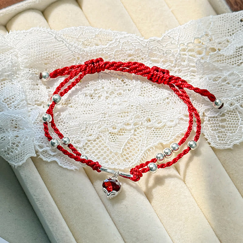 Buddha Stones925スターリングシルバー フォックス ピーチブロッサム レッドストリングコネクションブレスレット アンクレット