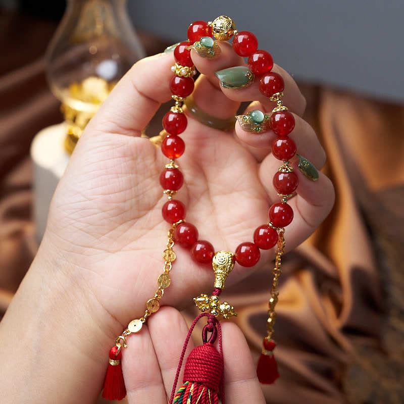 Buddha Stones18ビーズ 銅貨 チベットタッセル 赤瑪瑙 穏やかな手首用Mala