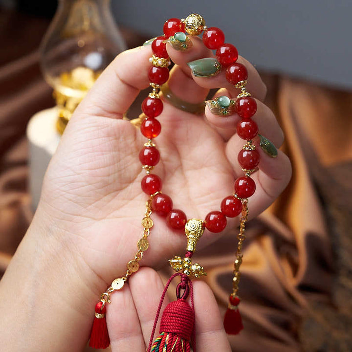 Buddha Stones18ビーズ 銅貨 チベットタッセル 赤瑪瑙 穏やかな手首用Mala