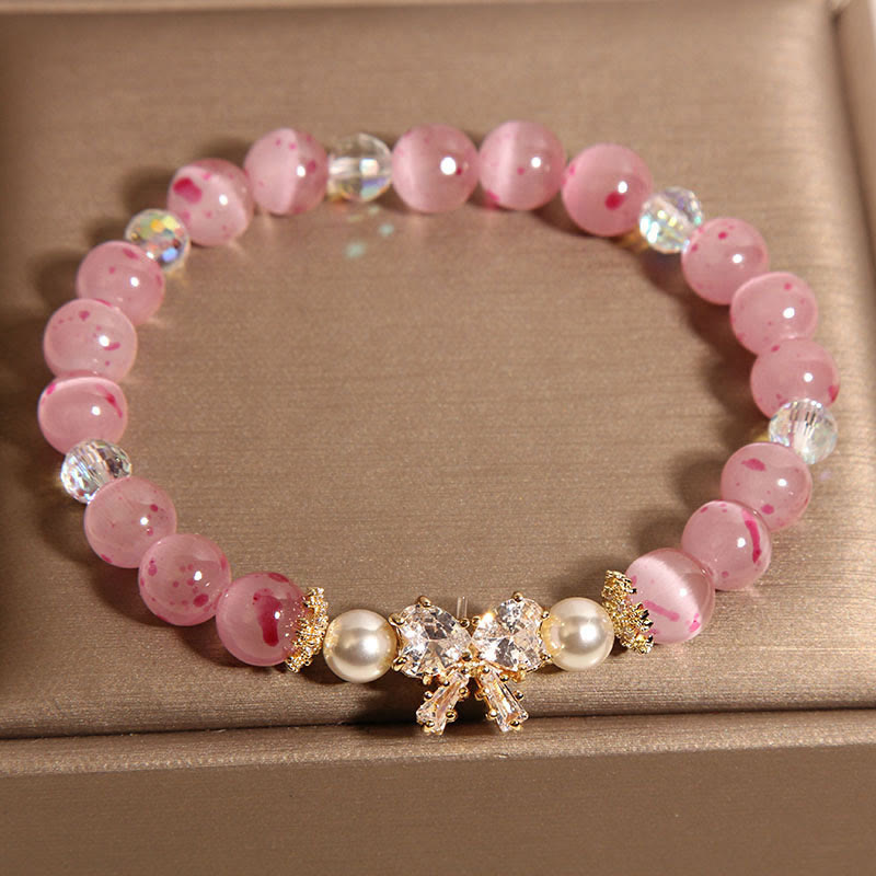Buddha Stones桜 ピンク キャッツアイ パール 蝶結び ロゼット サポート ブレスレット