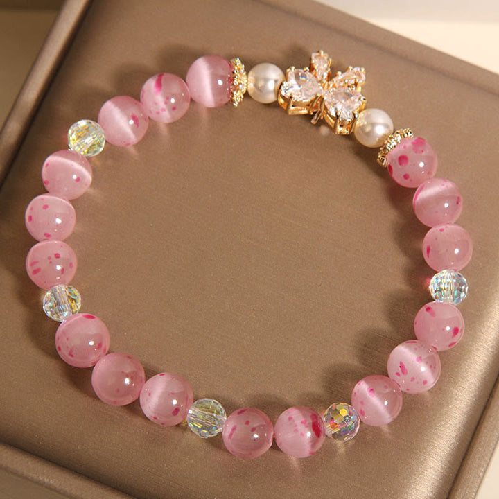 Buddha Stones桜 ピンク キャッツアイ パール 蝶結び ロゼット サポート ブレスレット