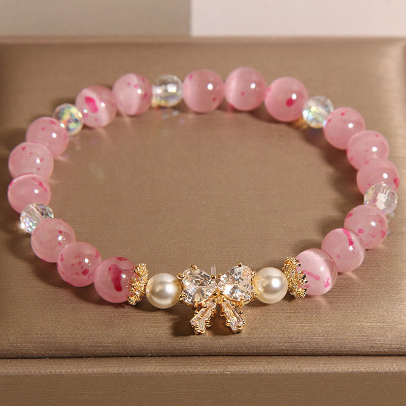 Buddha Stones桜 ピンク キャッツアイ パール 蝶結び ロゼット サポート ブレスレット