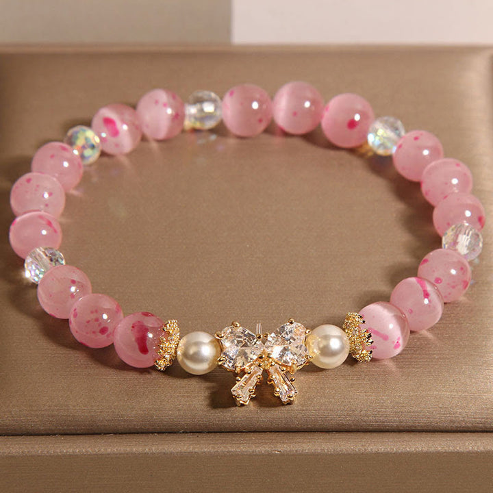 Buddha Stones桜 ピンク キャッツアイ パール 蝶結び ロゼット サポート ブレスレット
