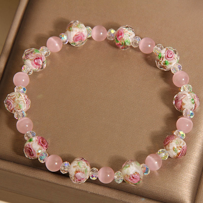 Buddha StonesピンククリスタルLiuliガラスビーズキャッツアイウォームスブレスレット - image 1