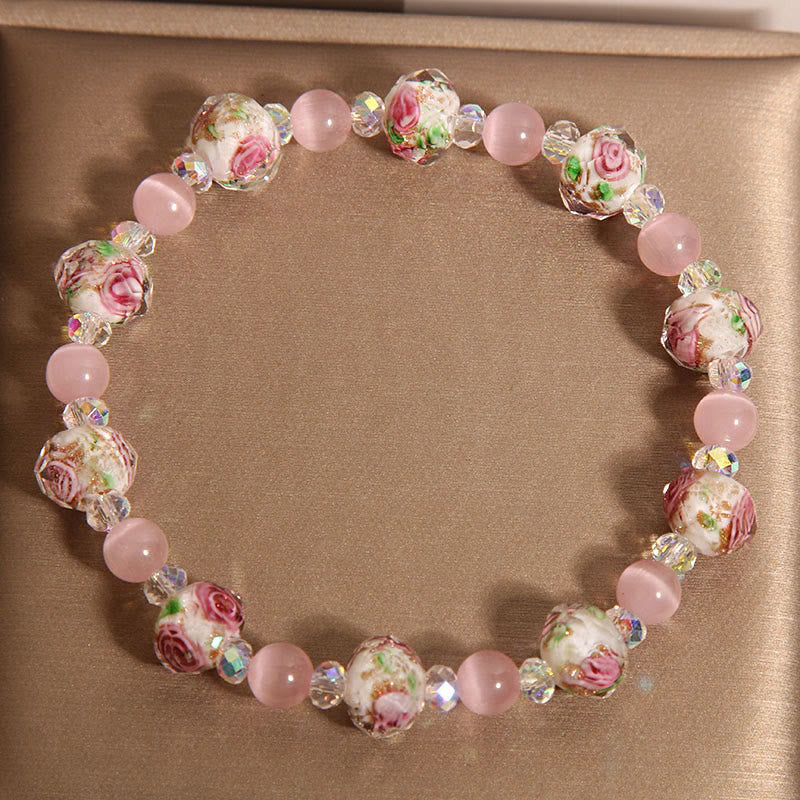 Buddha StonesピンククリスタルLiuliガラスビーズキャッツアイウォームスブレスレット - image 3