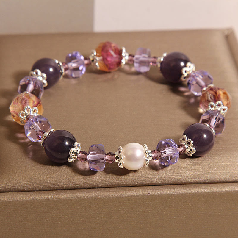 Buddha Stones天然アメジストパールクリスタル ポジティブブレスレット