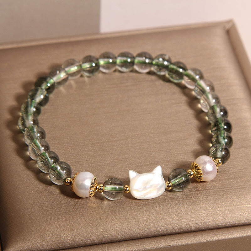 Buddha Stones天然グリーンファントムパールシェル猫頭ラッキーブレスレット - image 2