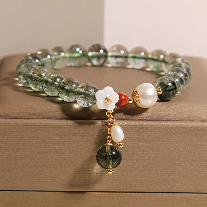 Buddha Stones天然グリーンファントムパールシェルフラワーポジティブブレスレット