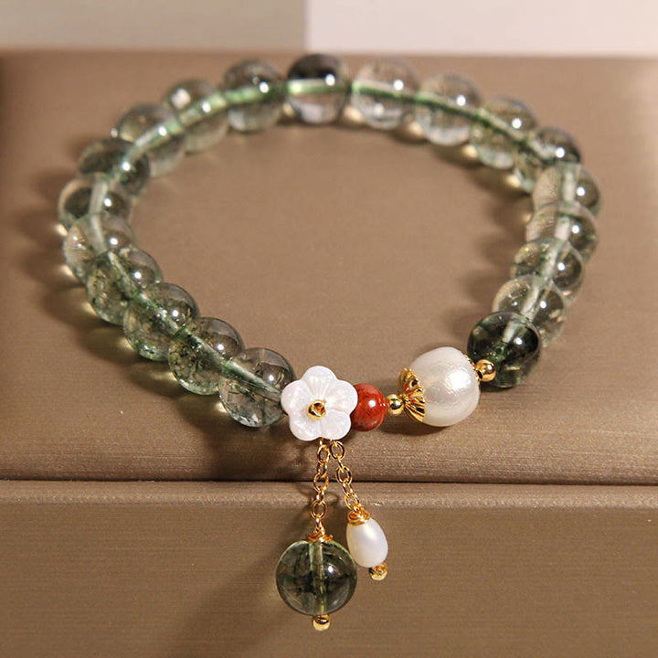 Buddha Stones天然グリーンファントムパールシェルフラワーポジティブブレスレット
