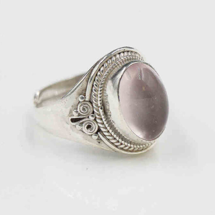 Buddha Stones 925スターリングシルバー ハンドメイド 天然ローズクォーツ 愛のエネルギー 調節可能リング