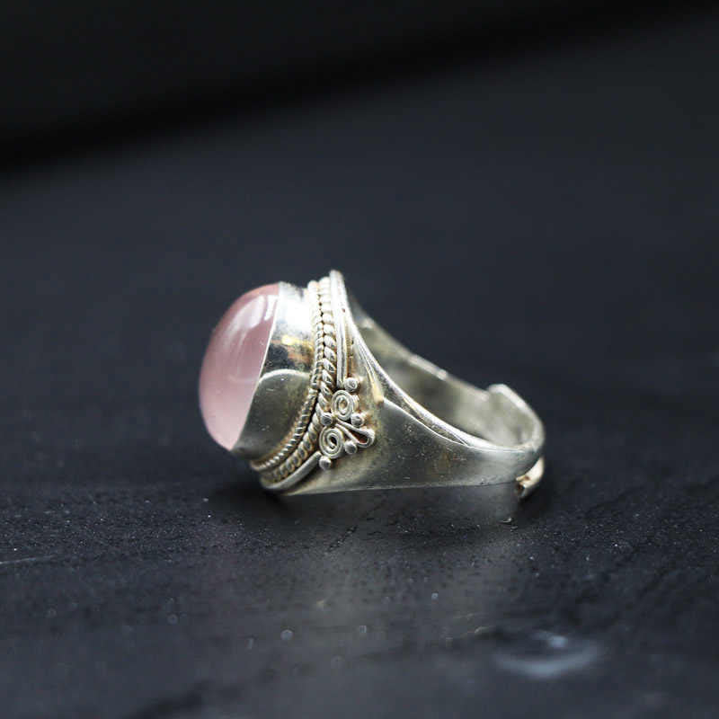 Buddha Stones 925スターリングシルバー ハンドメイド 天然ローズクォーツ 愛のエネルギー 調節可能リング