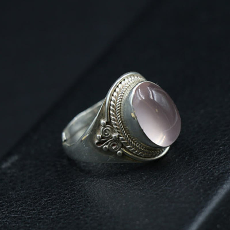 Buddha Stones 925スターリングシルバー ハンドメイド 天然ローズクォーツ 愛のエネルギー 調節可能リング