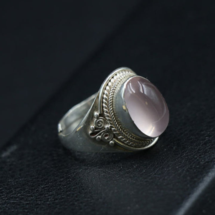 Buddha Stones 925スターリングシルバー ハンドメイド 天然ローズクォーツ 愛のエネルギー 調節可能リング