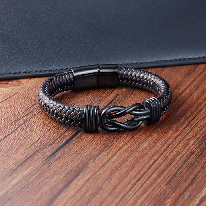 Buddha Stonesエンドレスノットパターンチタンスチールバランスレザーバックルブレスレット