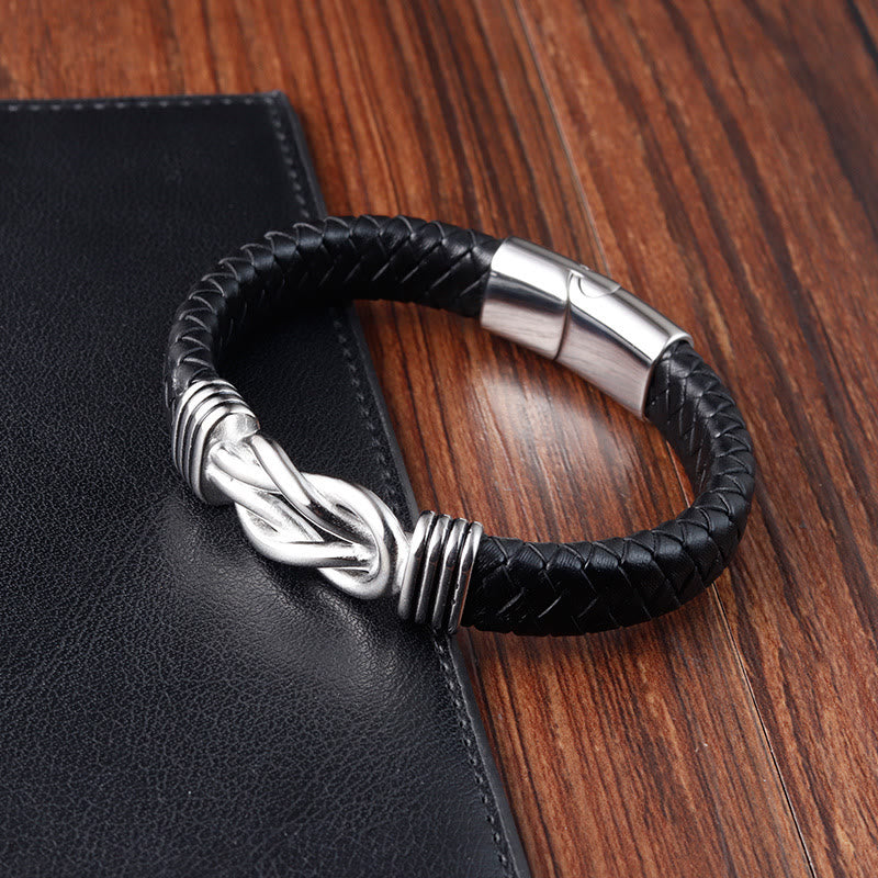 Buddha Stonesエンドレスノットパターンチタンスチールバランスレザーバックルブレスレット