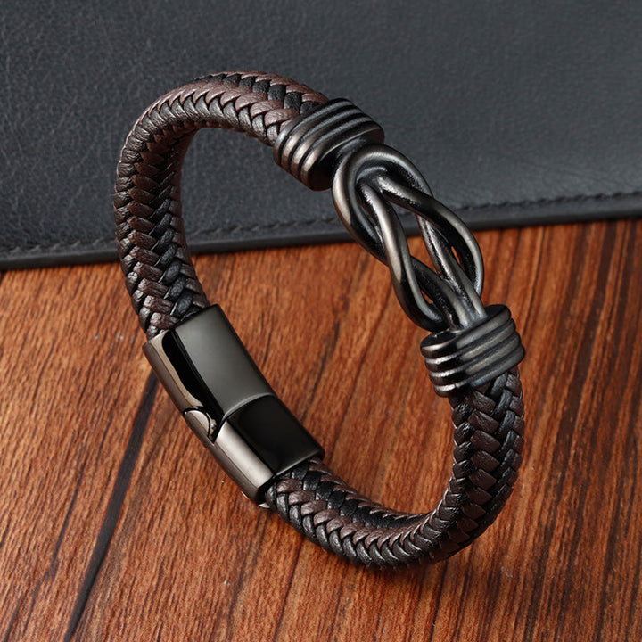 Buddha Stonesエンドレスノットパターンチタンスチールバランスレザーバックルブレスレット