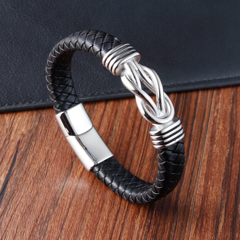 Buddha Stonesエンドレスノットパターンチタンスチールバランスレザーバックルブレスレット