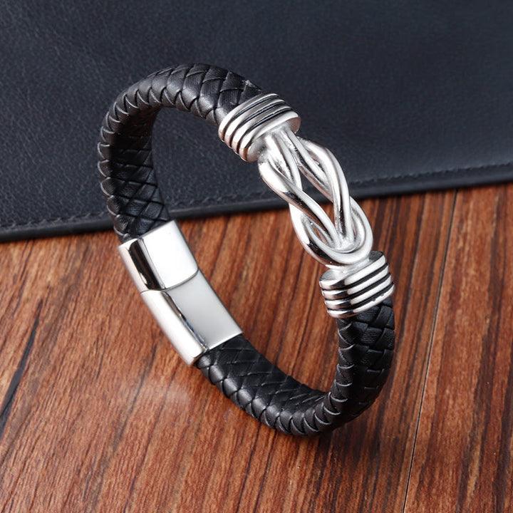 Buddha Stonesエンドレスノットパターンチタンスチールバランスレザーバックルブレスレット