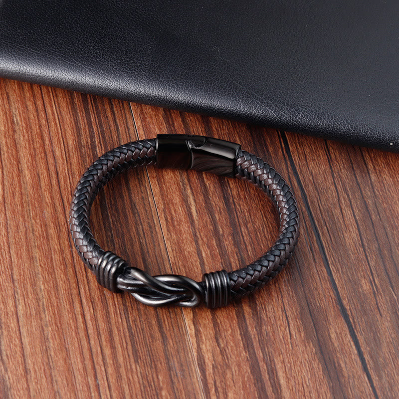 Buddha Stonesエンドレスノットパターンチタンスチールバランスレザーバックルブレスレット