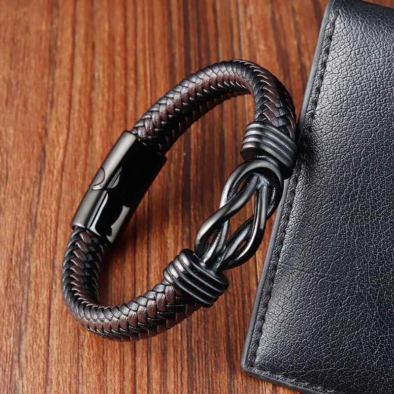 Buddha Stonesエンドレスノットパターンチタンスチールバランスレザーバックルブレスレット