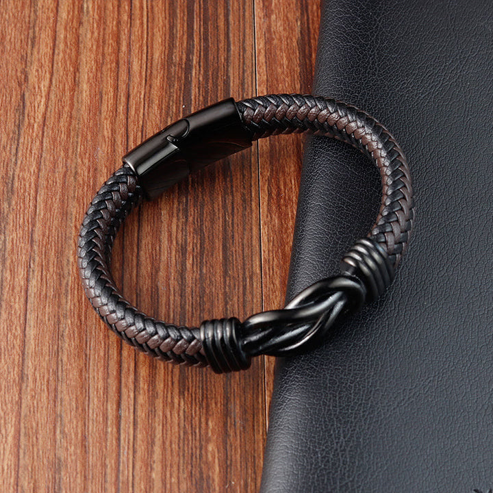 Buddha Stonesエンドレスノットパターンチタンスチールバランスレザーバックルブレスレット