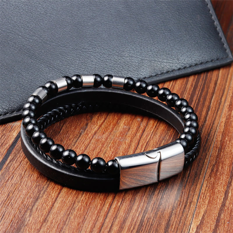 Buddha Stonesフロストストーン多層レザーチタンスチールバランスバックルブレスレット