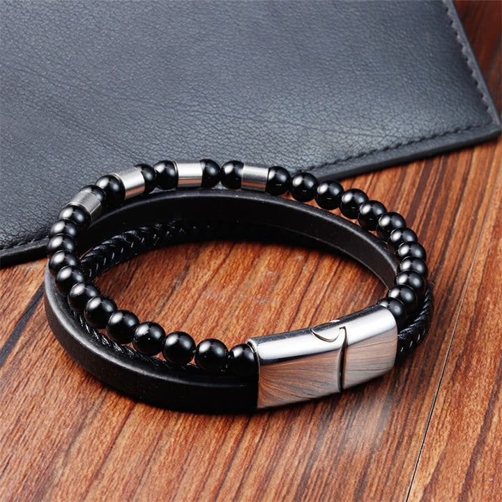 Buddha Stonesフロストストーン多層レザーチタンスチールバランスバックルブレスレット