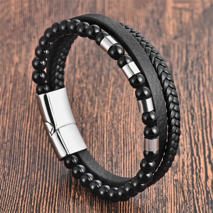 Buddha Stonesフロストストーン多層レザーチタンスチールバランスバックルブレスレット