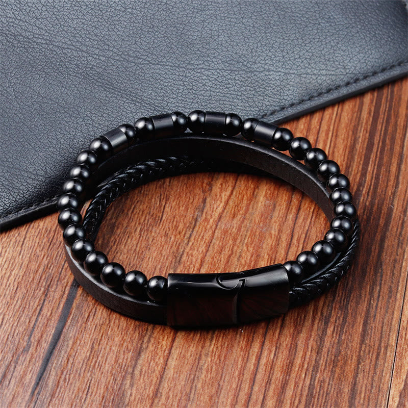 Buddha Stonesフロストストーン多層レザーチタンスチールバランスバックルブレスレット