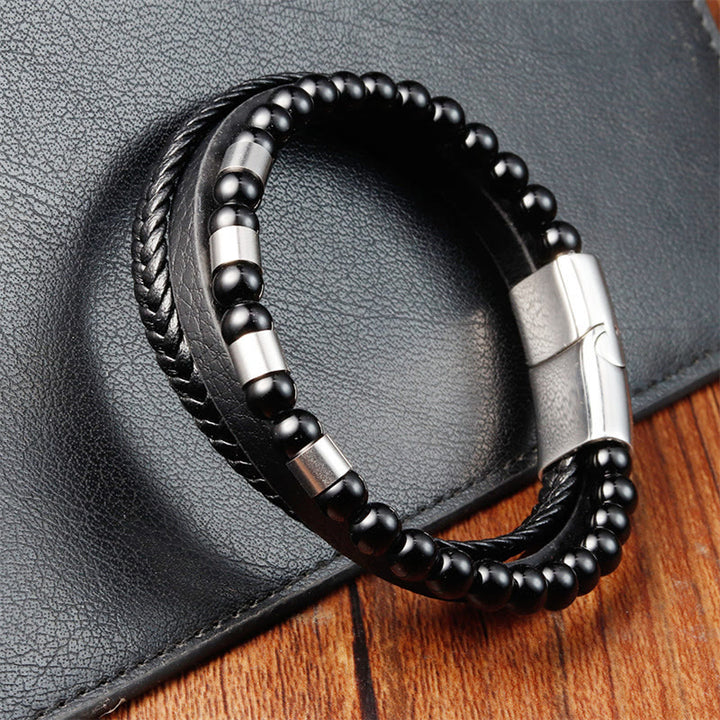 Buddha Stonesフロストストーン多層レザーチタンスチールバランスバックルブレスレット