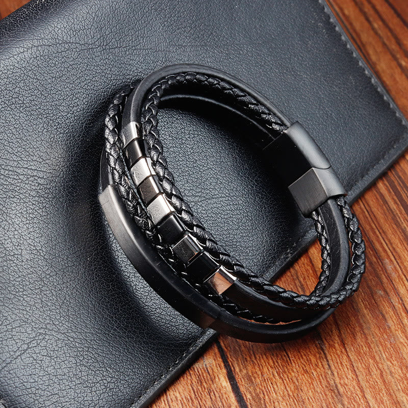 Buddha Stonesスクエアチタンスチールレザーマルチレイヤーバックルカームブレスレット