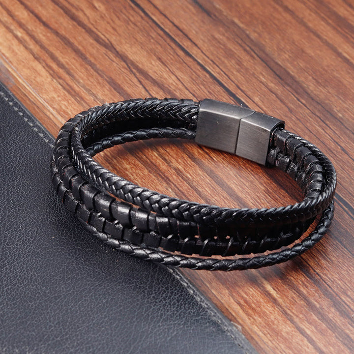 Buddha Stonesシンプルな編み込み模様 チタン鋼強化 多層レザーバックルブレスレット