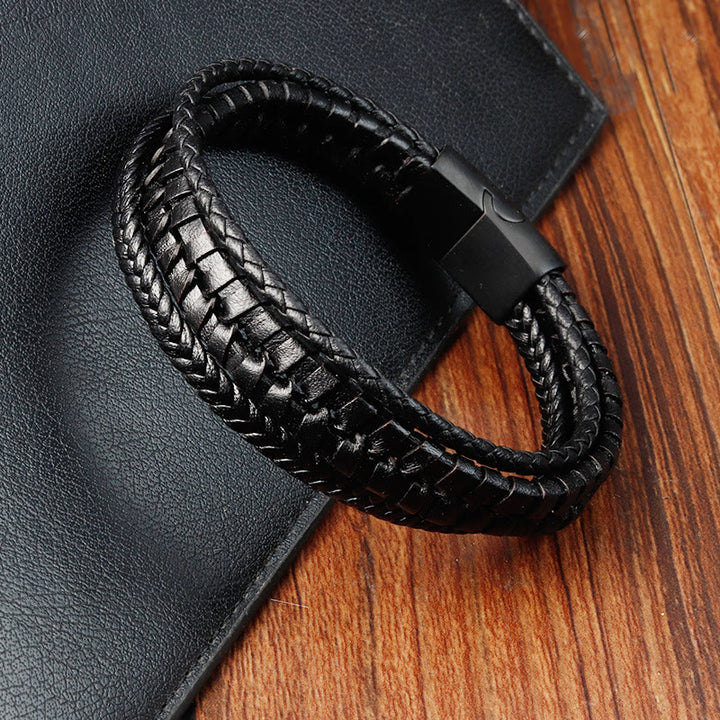 Buddha Stonesシンプルな編み込み模様 チタン鋼強化 多層レザーバックルブレスレット