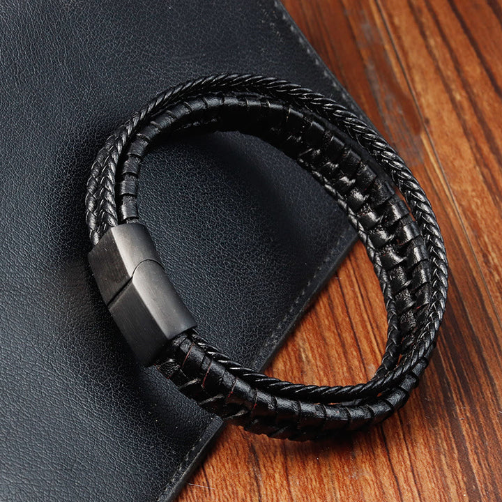 Buddha Stonesシンプルな編み込み模様 チタン鋼強化 多層レザーバックルブレスレット