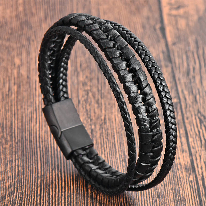Buddha Stonesシンプルな編み込み模様 チタン鋼強化 多層レザーバックルブレスレット