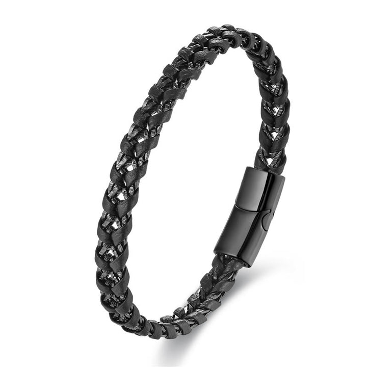 Buddha Stones編み込みデザインチタン鋼落ち着いた多層レザーバックルブレスレット