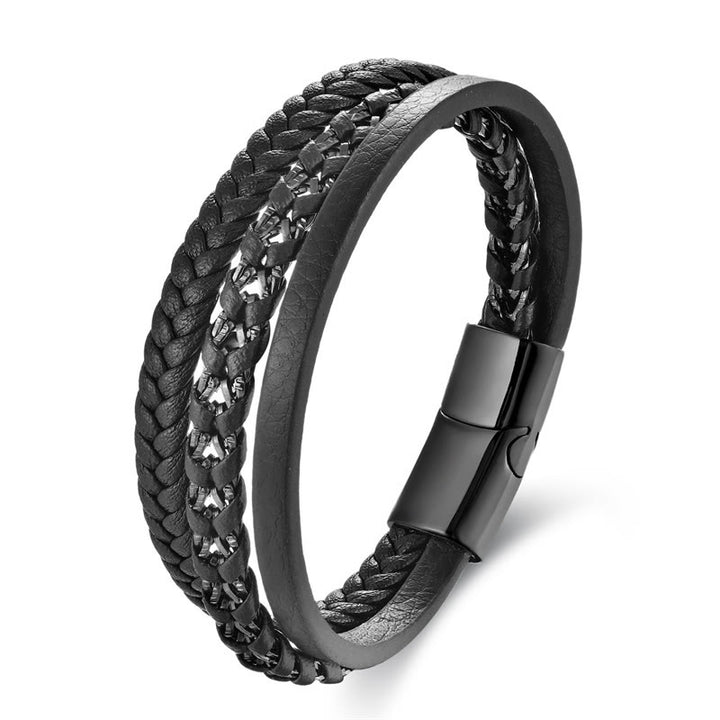 Buddha Stones編み込みデザインチタン鋼落ち着いた多層レザーバックルブレスレット