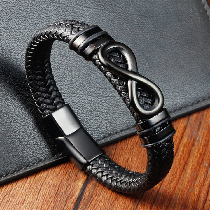 Buddha Stonesエンドレスノットデザインチタン鋼強化編み込みレザーバックルブレスレット