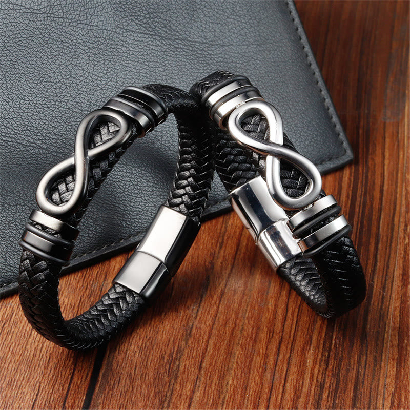 Buddha Stonesエンドレスノットデザインチタン鋼強化編み込みレザーバックルブレスレット