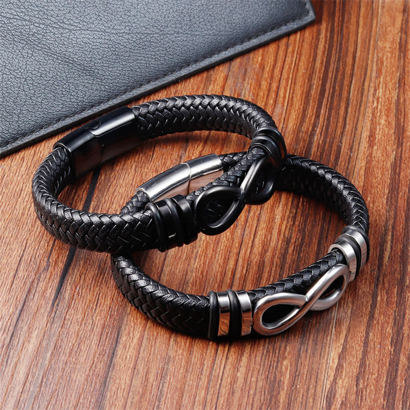 Buddha Stonesエンドレスノットデザインチタン鋼強化編み込みレザーバックルブレスレット