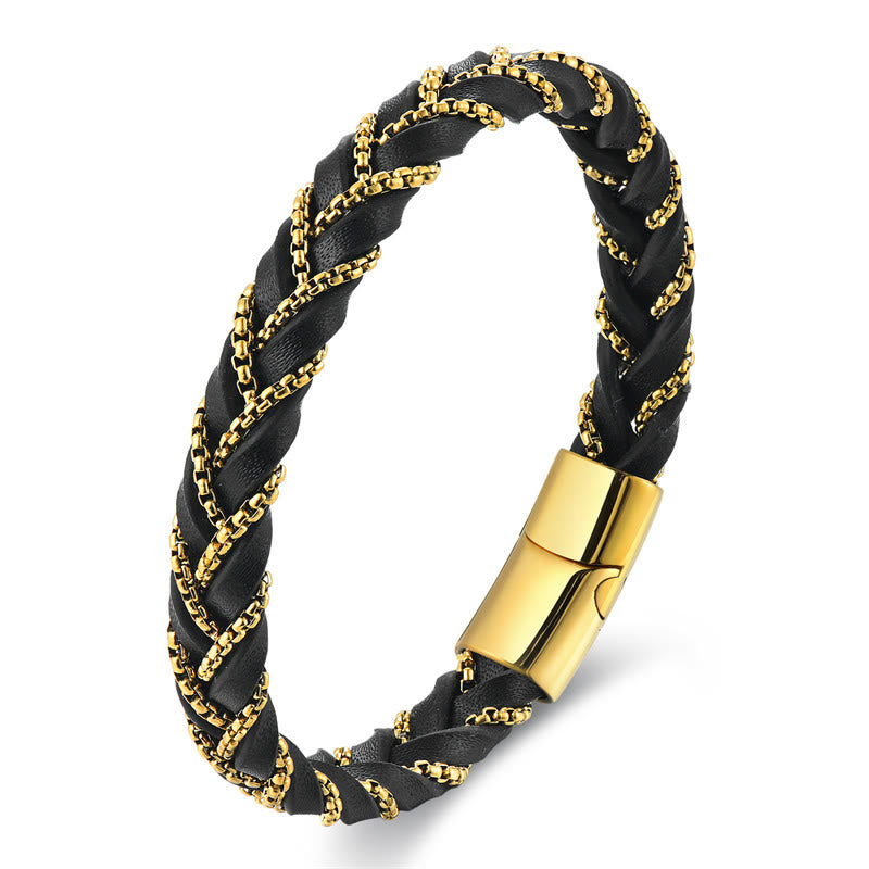 Buddha Stonesシンプルデザイン チタン鋼 落ち着いた編み込みレザーバックルブレスレット