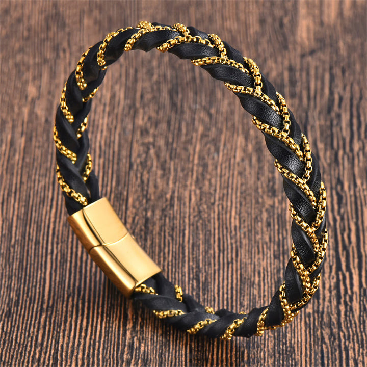 Buddha Stonesシンプルデザイン チタン鋼 落ち着いた編み込みレザーバックルブレスレット