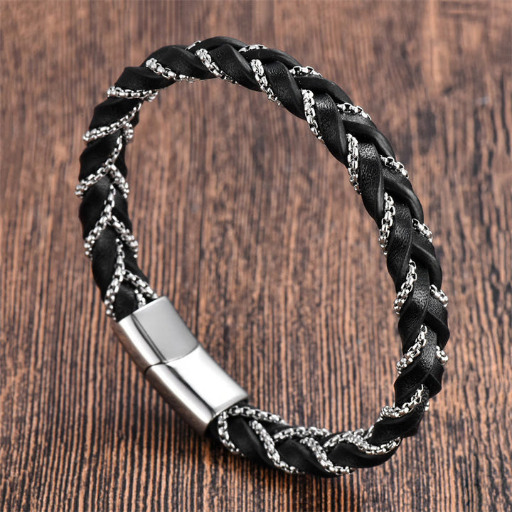 Buddha Stonesシンプルデザイン チタン鋼 落ち着いた編み込みレザーバックルブレスレット
