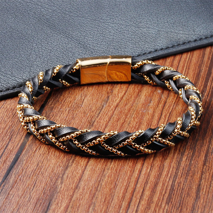 Buddha Stonesシンプルデザイン チタン鋼 落ち着いた編み込みレザーバックルブレスレット