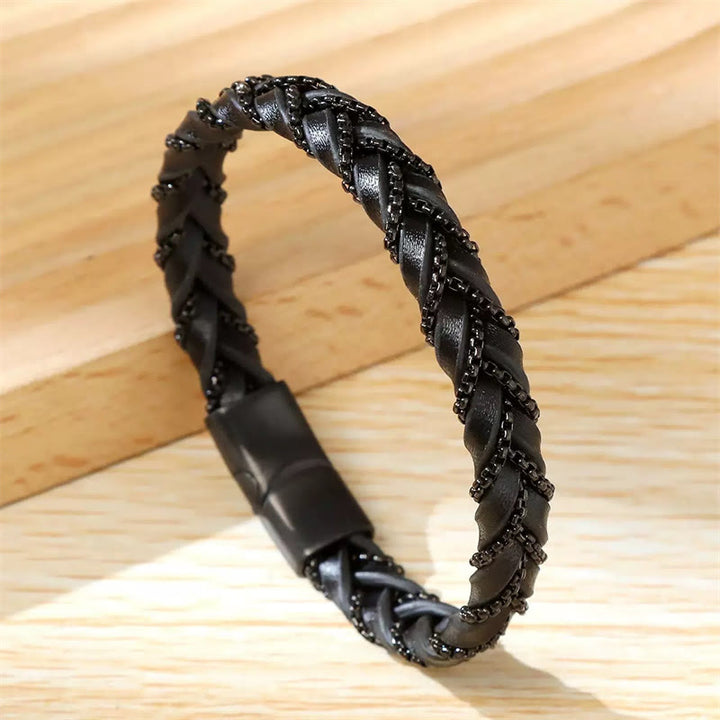 Buddha Stonesシンプルデザイン チタン鋼 落ち着いた編み込みレザーバックルブレスレット