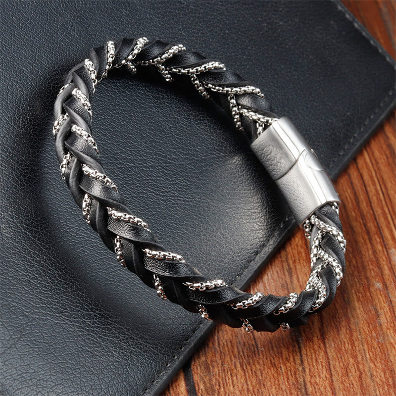 Buddha Stonesシンプルデザイン チタン鋼 落ち着いた編み込みレザーバックルブレスレット