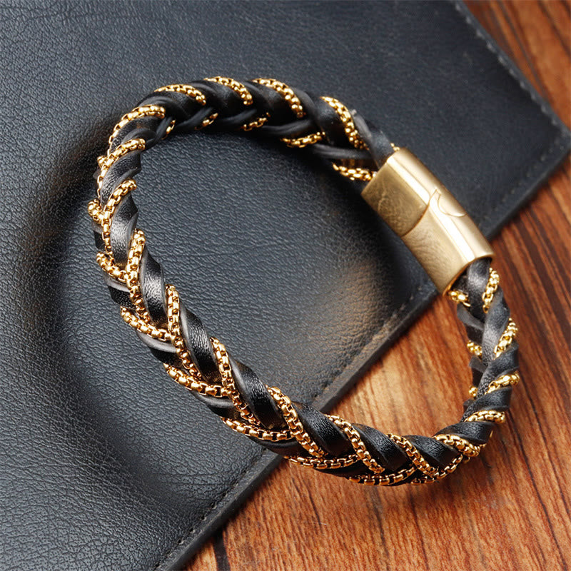 Buddha Stonesシンプルデザイン チタン鋼 落ち着いた編み込みレザーバックルブレスレット
