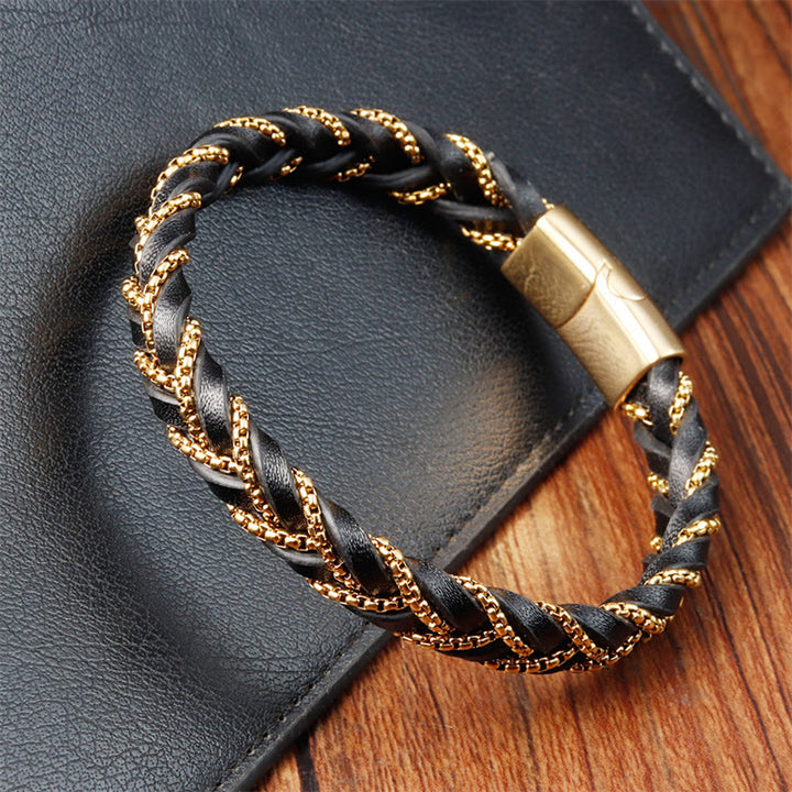 Buddha Stonesシンプルデザイン チタン鋼 落ち着いた編み込みレザーバックルブレスレット