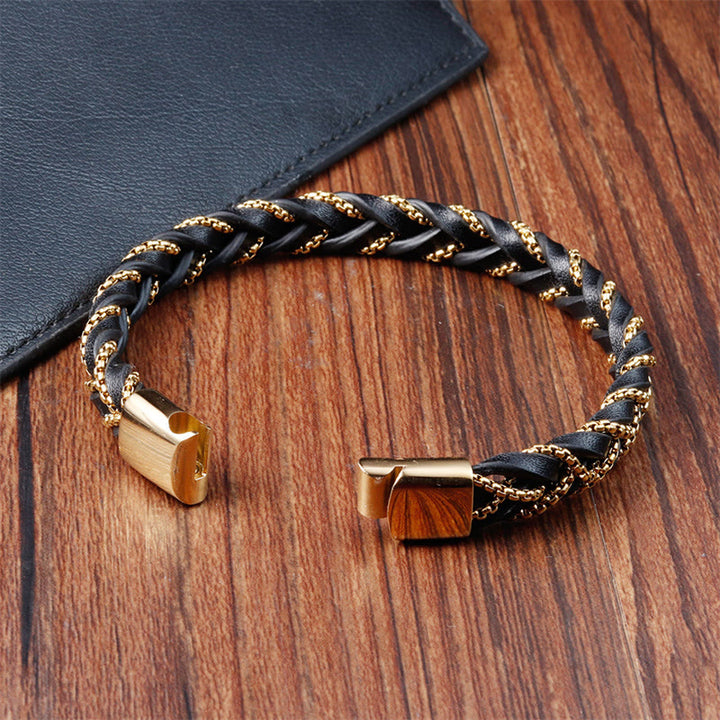 Buddha Stonesシンプルデザイン チタン鋼 落ち着いた編み込みレザーバックルブレスレット