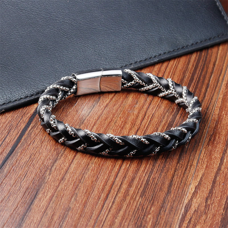 Buddha Stonesシンプルデザイン チタン鋼 落ち着いた編み込みレザーバックルブレスレット